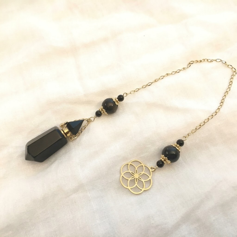 Pendule de divination avec fiole/parfum en obsidienne et fleur de vie