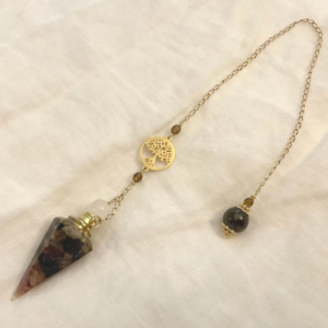 Pendule de divination avec fiole en tourmaline et arbre de vie acier