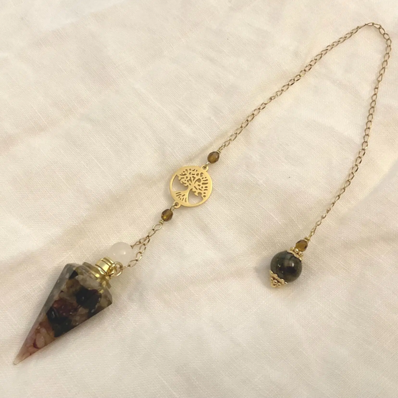 Pendule de divination avec fiole en tourmaline et arbre de vie acier