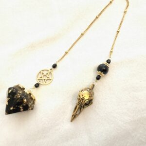 Pendule avec Orgonite fait main en obsidienne - Pentacle et Corbeau