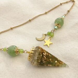 Pendule divinatoire Orgonite en Préhnite, Péridot - étoile/lune