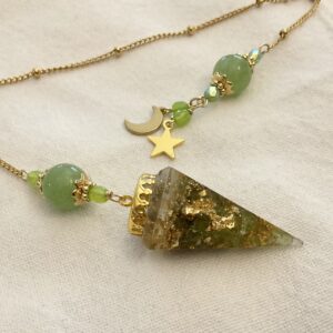 Pendule divinatoire Orgonite en Préhnite, Péridot - étoile/lune