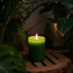 bougie verte allumée, ambiance naturelle
