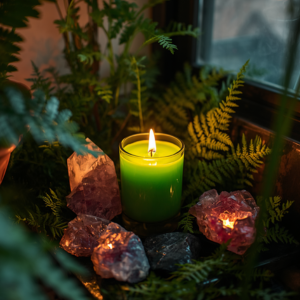 bougie verte avec plantes et cristaux