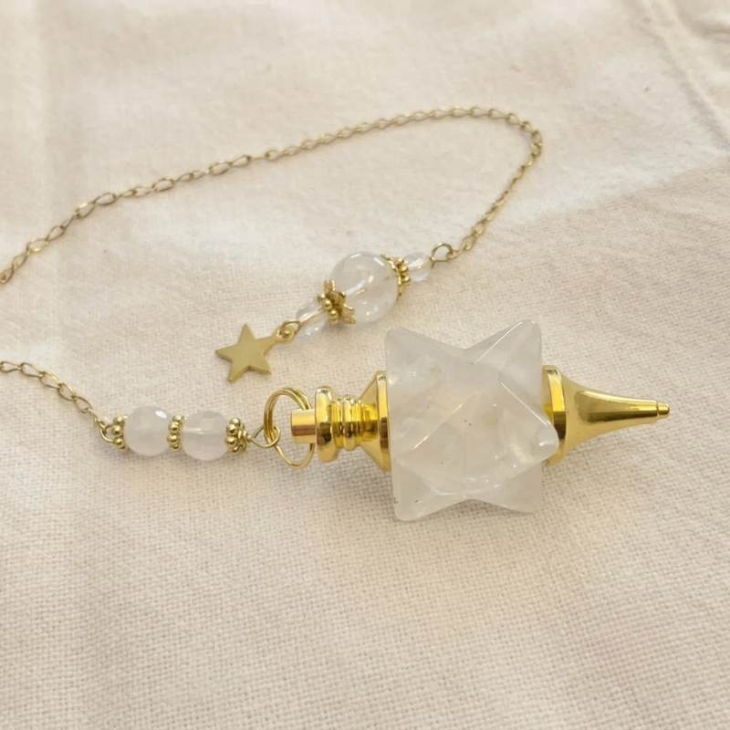 Pendule de divination Merkabah en cristal de roche, étoile en acier
