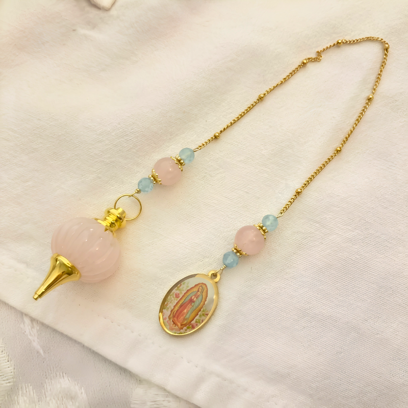 Pendule de divination Quartz rose,aigue marine,Notre Dame de Guadalupe