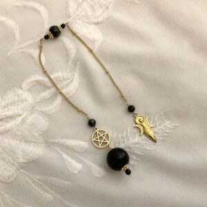 Pendule de divination en Obsidienne, Pentacle et Triple déesse Wicca