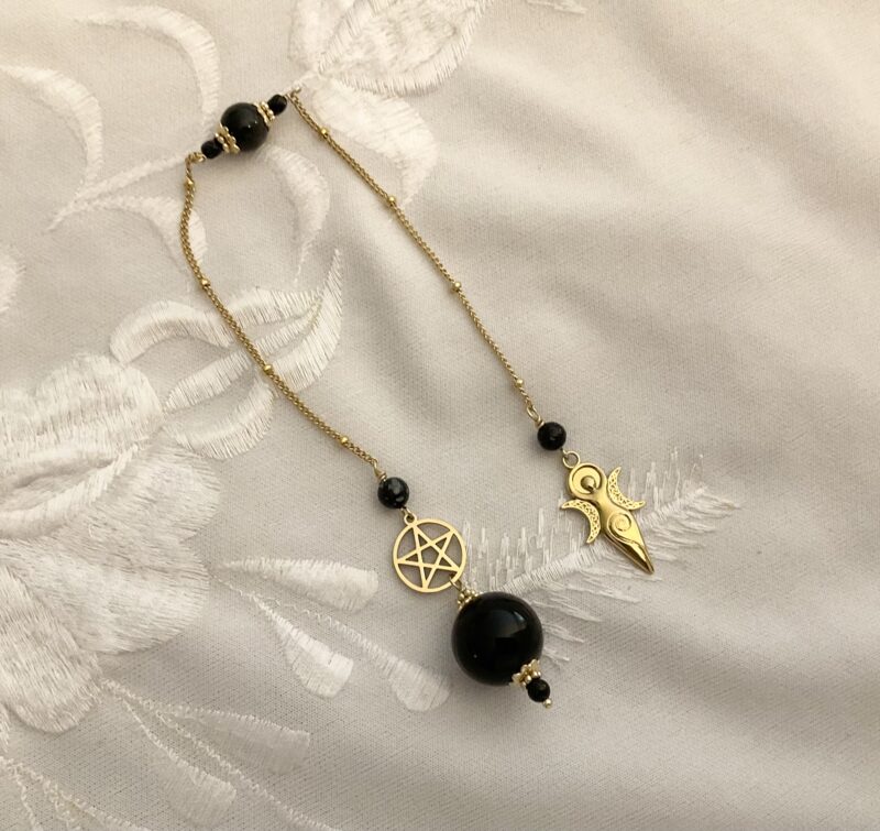 Pendule de divination en Obsidienne, Pentacle et Triple déesse Wicca
