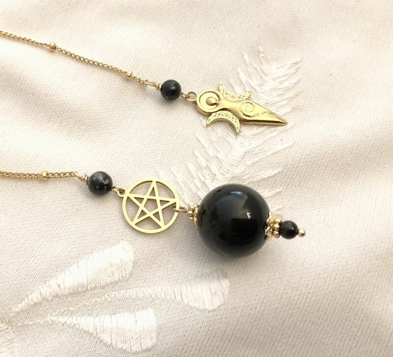 Pendule de divination en Obsidienne, Pentacle et Triple déesse Wicca