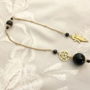 Pendule de divination en Obsidienne, Pentacle et Triple déesse Wicca