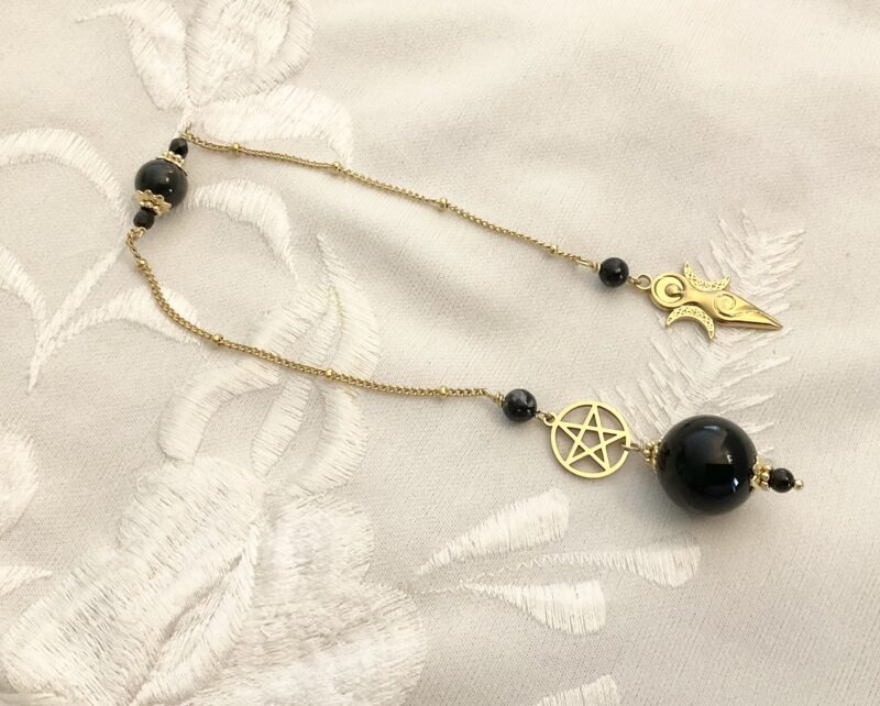Pendule de divination en Obsidienne, Pentacle et Triple déesse Wicca