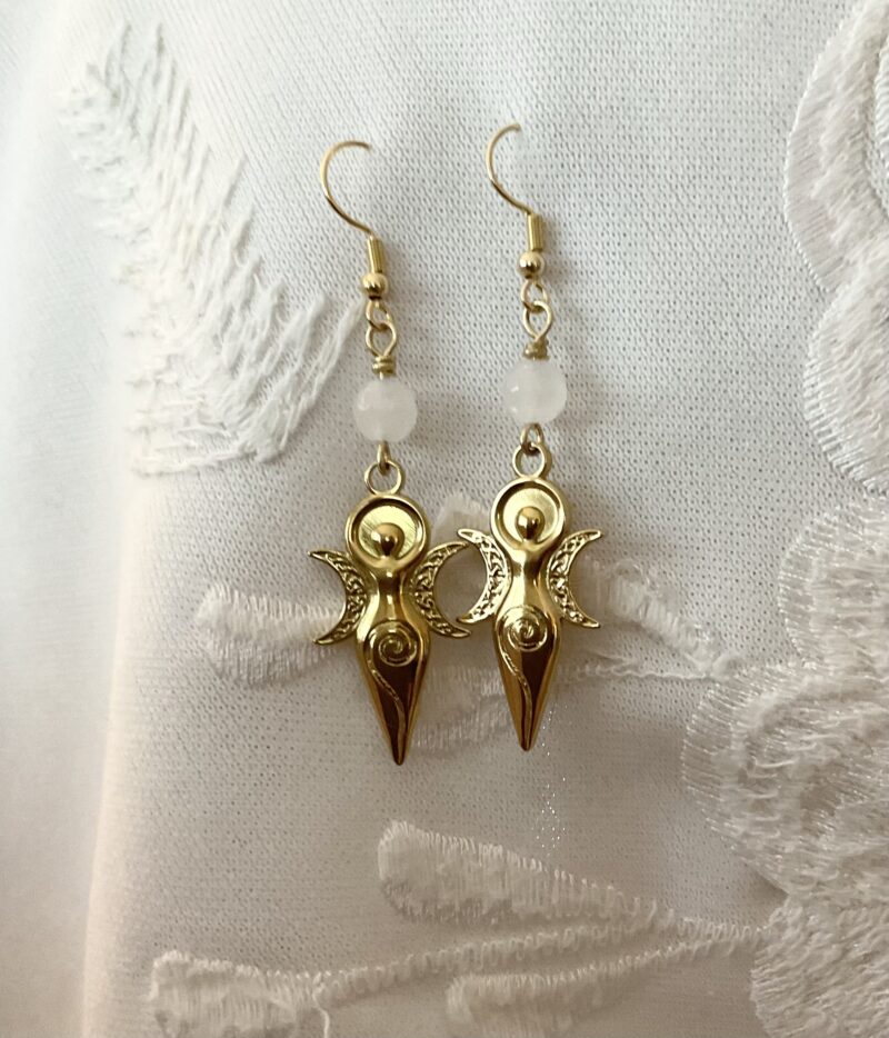 Boucles d’oreilles Triple déesse en Cristal de roche