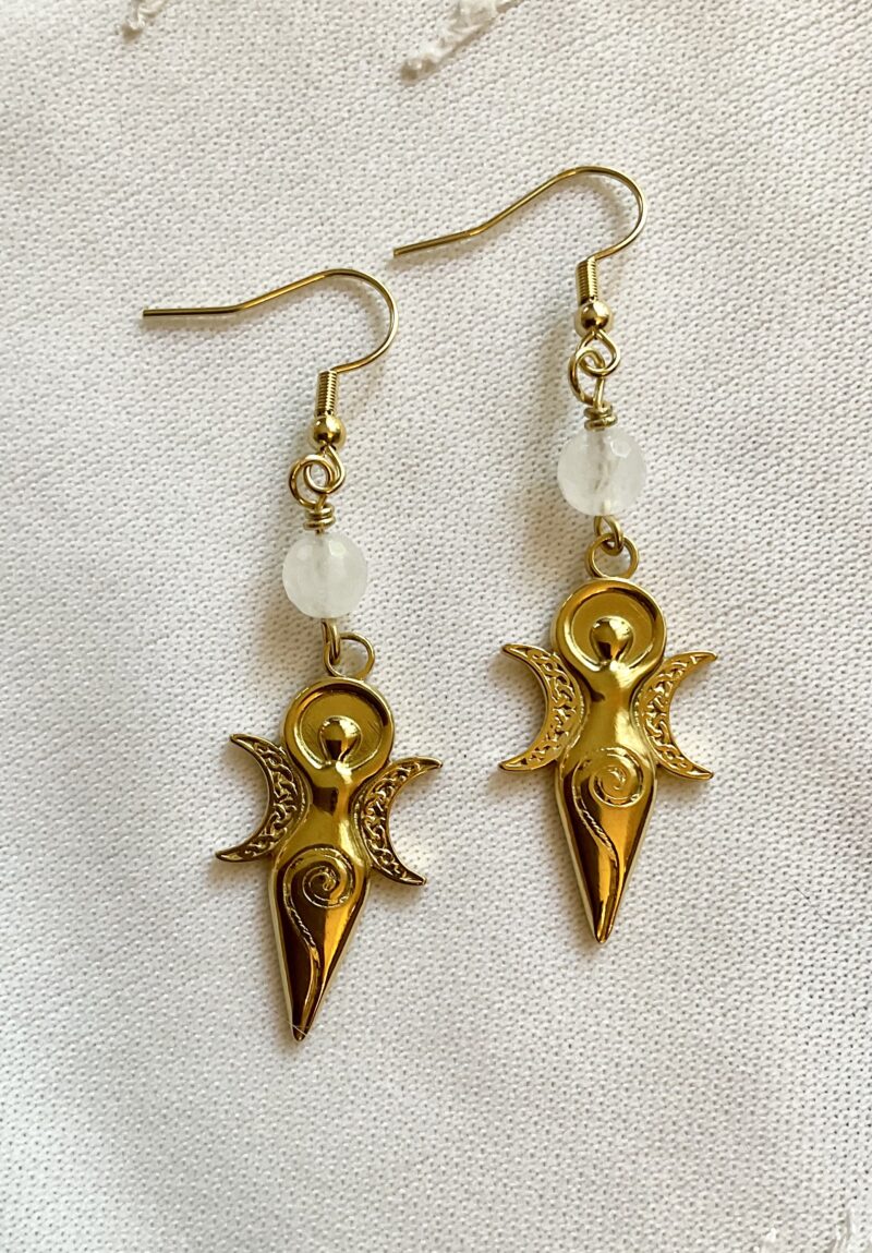 Boucles d’oreilles Triple déesse en Cristal de roche
