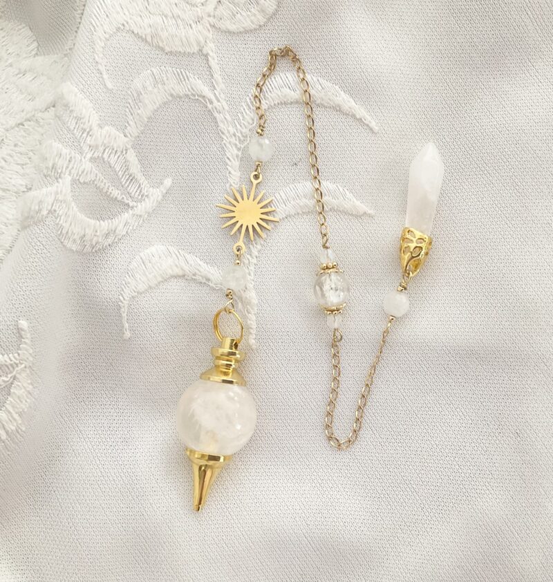 Pendule divinatoire en Quartz rose, Morganite et Soleil doré en acier inoxydable