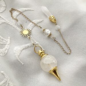 Pendule divinatoire en Quartz rose, Morganite et Soleil doré en acier inoxydable