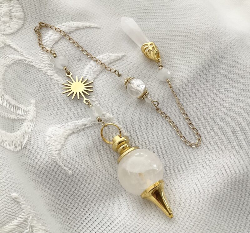 Pendule divinatoire en Quartz rose, Morganite et Soleil doré en acier inoxydable