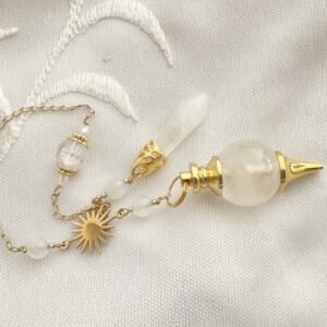 Pendule divinatoire en Quartz rose, Morganite et Soleil doré en acier inoxydable