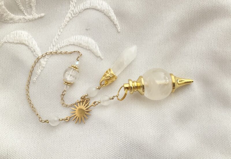 Pendule divinatoire en Quartz rose, Morganite et Soleil doré en acier inoxydable