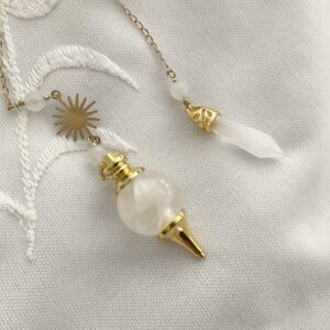Pendule divinatoire en Quartz rose, Morganite et Soleil doré en acier inoxydable