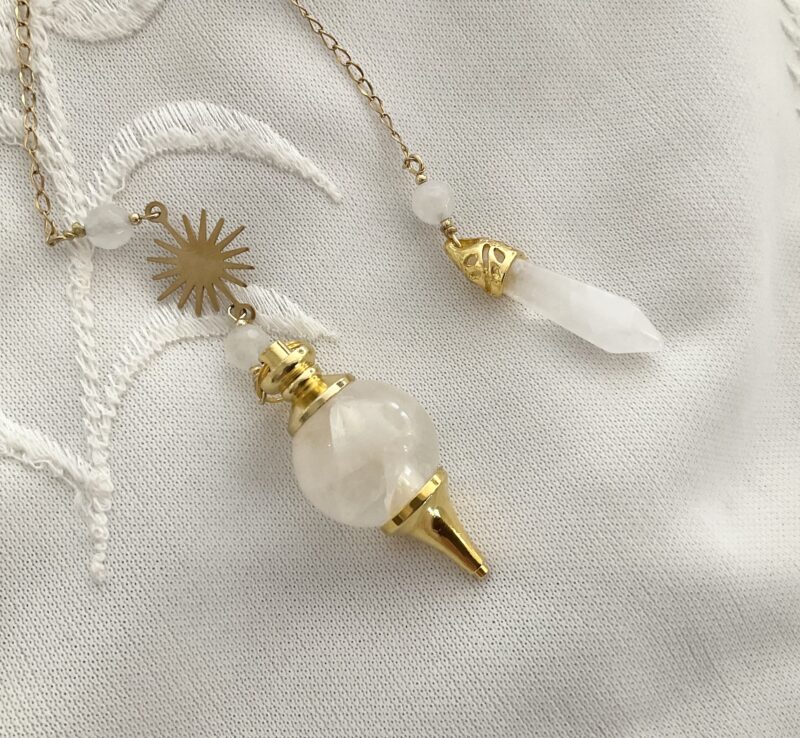 Pendule divinatoire en Quartz rose, Morganite et Soleil doré en acier inoxydable