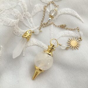 Pendule divinatoire en Quartz rose, Morganite et Soleil doré en acier inoxydable