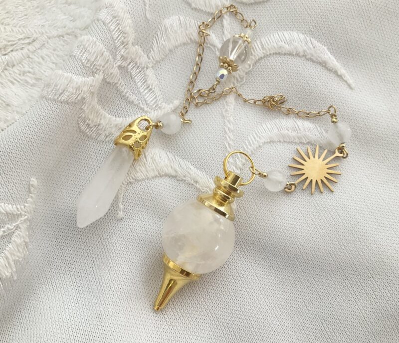 Pendule divinatoire en Quartz rose, Morganite et Soleil doré en acier inoxydable