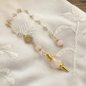 Pendule divinatoire en Quartz rose, Morganite et Soleil doré en acier inoxydable
