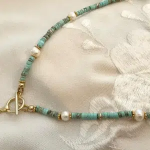 collier bleu 5 Collier Attrape-rêves en Jaspe turquoise et Perle d'eau douce