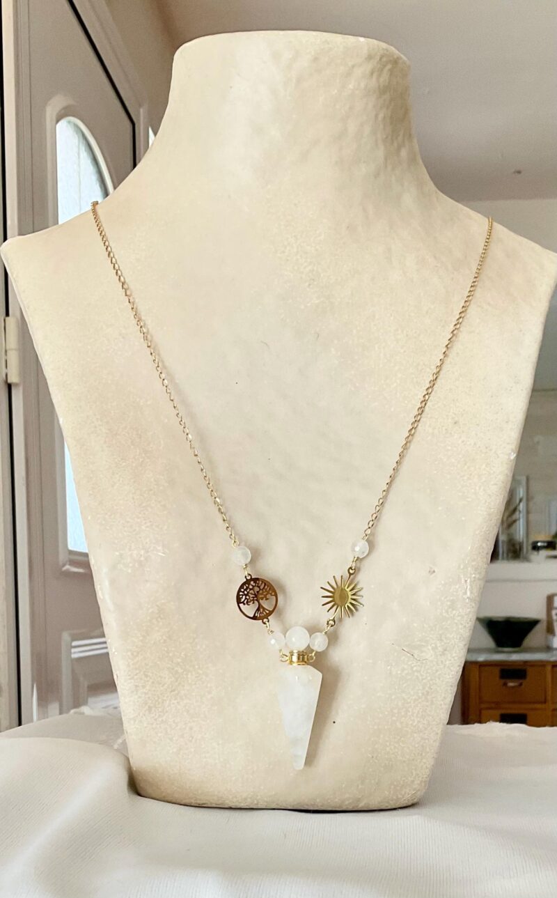 Collier Flacon parfum - Cristal de roche - Soleil et arbre de vie