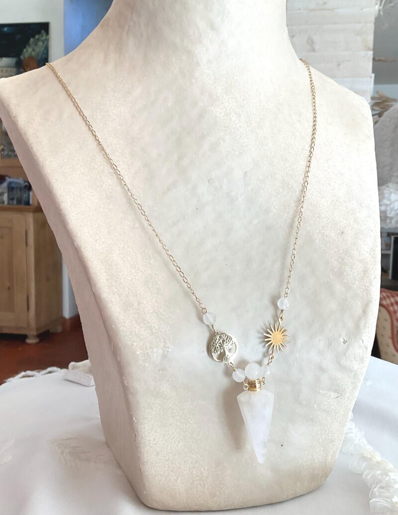 Collier Flacon parfum - Cristal de roche - Soleil et arbre de vie