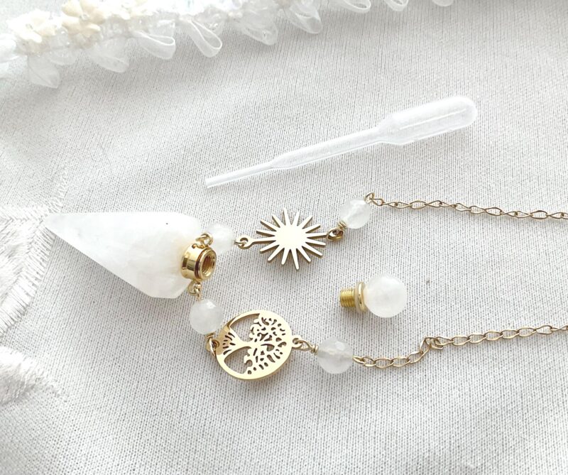 Collier Flacon parfum - Cristal de roche - Soleil et arbre de vie