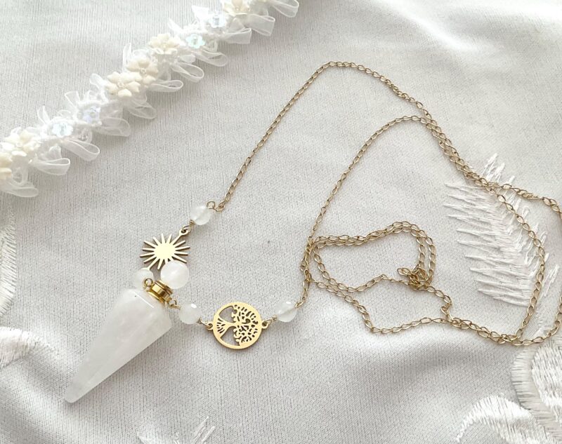 Collier Flacon parfum - Cristal de roche - Soleil et arbre de vie