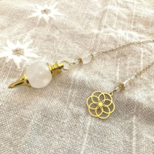 Pendule de divination en cristal de roche, fleur de vie en acier inoxydable