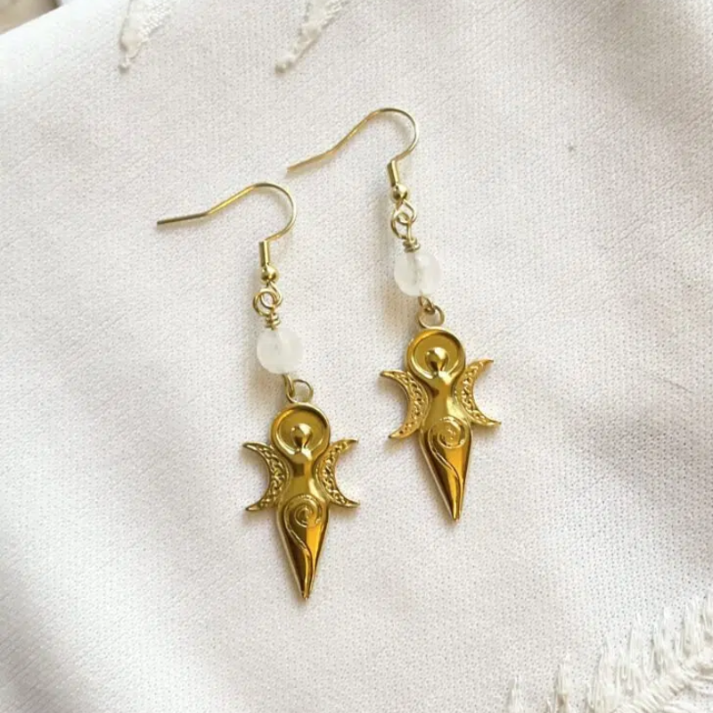 Boucles d'oreille en cristal de roche, Triple Déesse