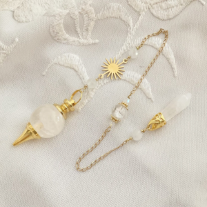 Pendule divinatoire quartz rose et soleil en acier inoxydable