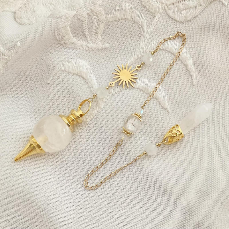 Pendule divinatoire quartz rose et soleil en acier inoxydable