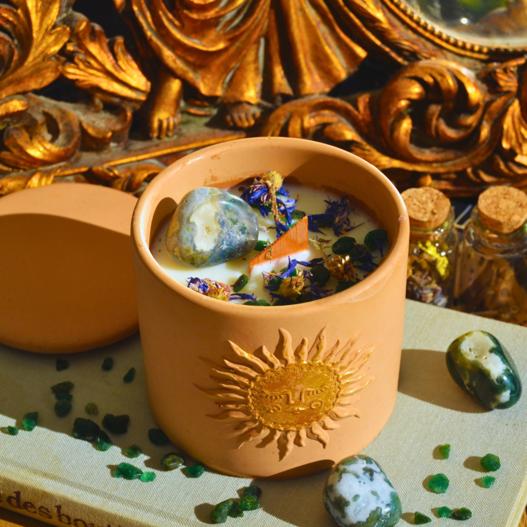 Bougie d'intention Renouveau · Agate mousse et Aventurine · Ostara