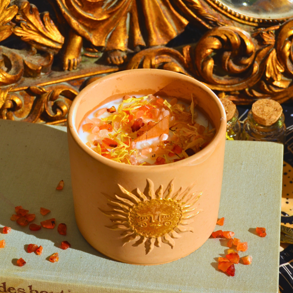 Bougie d'intention Rayonnement · Pierre de Soleil et Cornaline · Litha