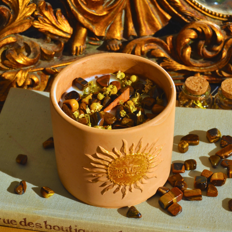 Bougie d'intention Abondance · Citrine et Oeil de Tigre · Lughnasadh