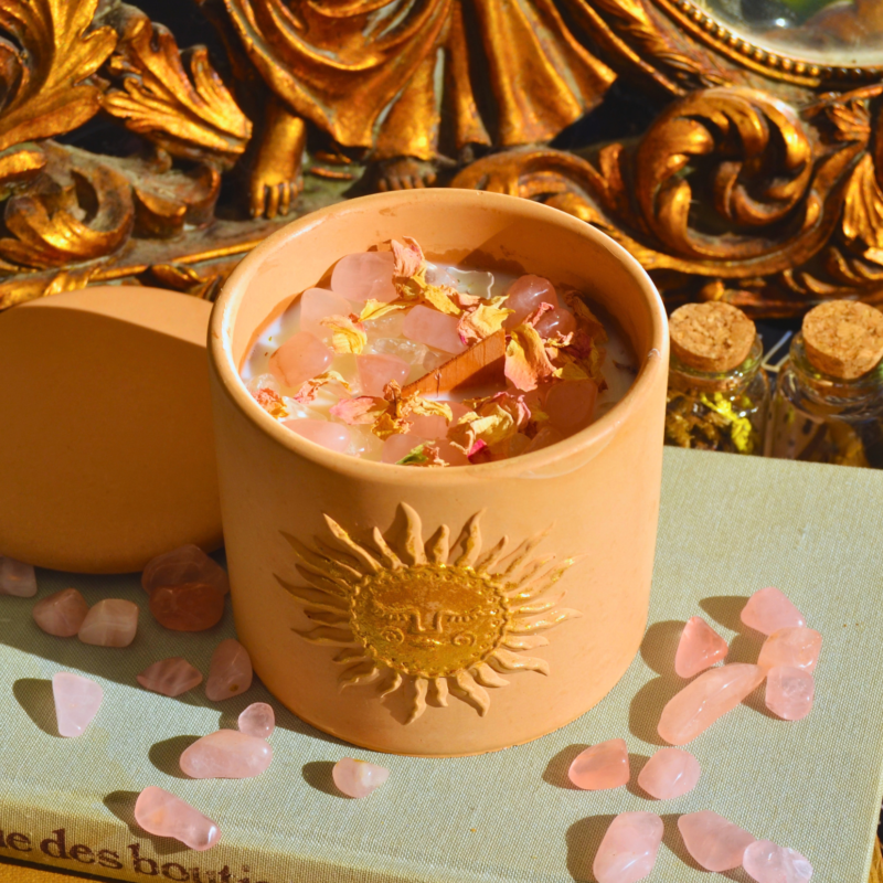 Bougie d'intention Amour · Quartz rose et Cristal de roche · Beltane