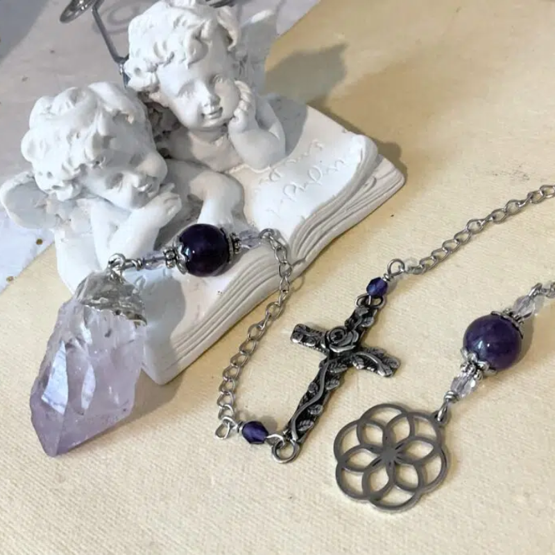 Pendule de divination Améthyste, Fleur de Vie, Rose-Croix- Pour Merlin